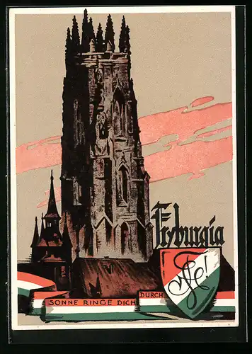 Künstler-AK Freiburg, Studentenwappen der Burschenschaft Fryburgia, Kathedrale