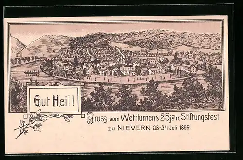 Lithographie Nievern, Wettturnen & 25 jähr. Stiftungsfest 1899, Ortsansicht