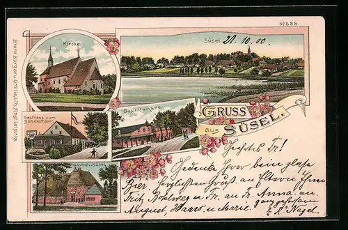 Lithographie Süsel, Gasthof am See, Gasthaus zum Süselerbaum, Kirche