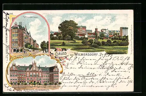 Lithographie Berlin-Wilmersdorf, Uhlandstrasse, Panorama, Bismarck-Gymnasium