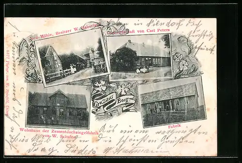Passepartout-AK Borg bei Kelzen, Neu-Mühle, Gasthaus Peters, Fabrik, Wohnhaus der Zementdachziegelfabrik Schulze