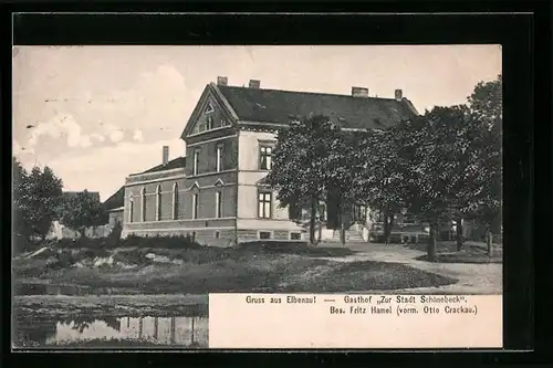 AK Elbenau, Gasthof Zur Stadt Schönebeck, Gebäudeansicht von einem Gewässer aus