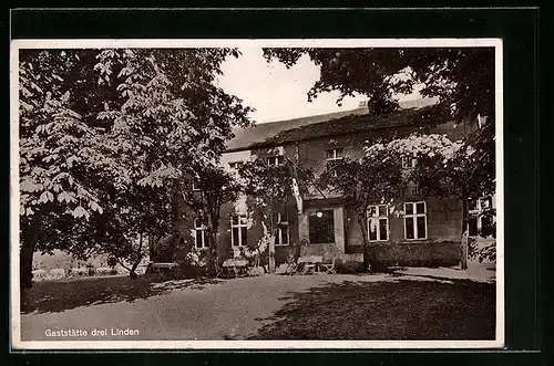 AK Seddin /Mark, Gaststätte drei Linden, Gebäude mit Vorplatz und Blick zum Garten