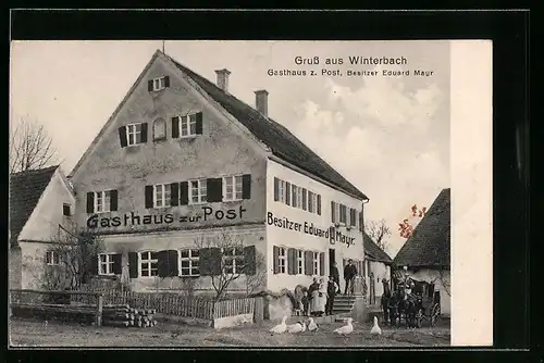 AK Winterbach, Gasthaus zur Post, Strassenansicht mit Kutsche