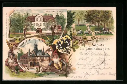 Lithographie Mühlhausen /Th., Weisses Haus, Popperode, Hirschplatz, Zwerge und Wappen