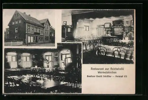 AK Wermelskirchen, Restaurant zur Reichshalle, Gebäudeansicht mit Strasse, Innenansichten