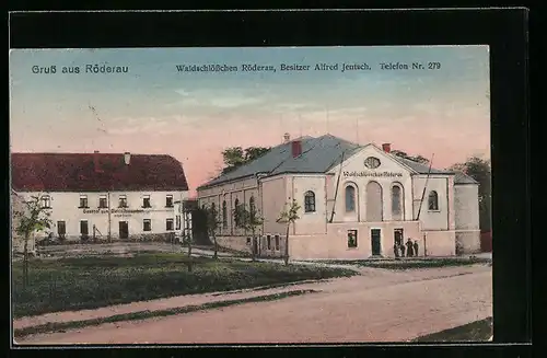 AK Röderau, Gasthaus Waldschlösschen Röderau mit Strasse