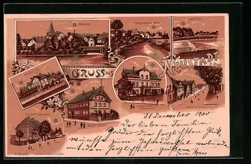 Lithographie Neustadt a. Rbg., Ortsansicht, Bahnhof, Stürkels Restauration, Nülles Hotel, Landwirtschaftl. Winterschule