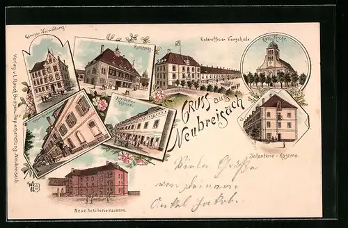 Lithographie Neubreisach, Artillerie- und Infanterie-Kasernen, Garnison-Verwaltung, Unteroffizier Vorschule, Rathhaus