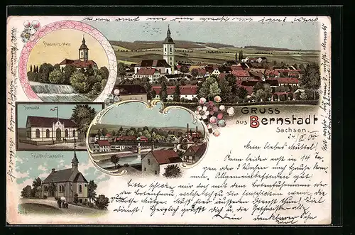 Lithographie Bernstadt i. Sa., Totalansicht, Pliessnitz-Wehr, Turnhalle, Friedhofkapelle