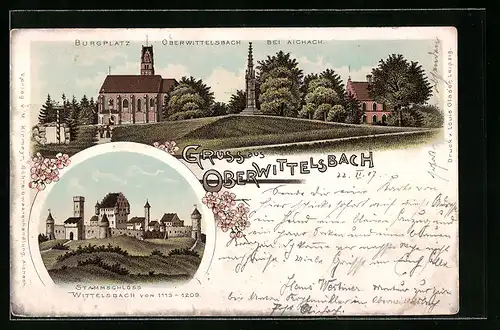 Lithographie Oberwittelsbach bei Aichach, Burgplatz, Stammschloss Wittelsbach