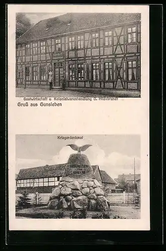 AK Gunsleben, Gastwirtschaft u. Kolonialwarenhandlung G. Hildebrandt, Kriegerdenkmal