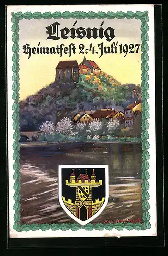Künstler-AK Leisnig, Heimatfest 1927, mit Wappen