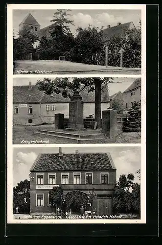 AK Eggenstedt, Geschäftshaus Heinrich Hohoff, Kriegerdenkmal, Kirche u. Pfarrhaus