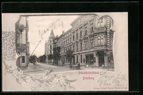 AK Duisburg, Düsseldorferstrasse mit Geschäft, Passepartout