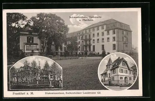 AK Frankfurt-Niederrad, Diakonissenhaus, Eschersheimer Landstrasse 122, Schwesternhaus Gartenseite und Pfarrhaus