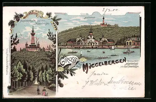 Lithographie Berlin-Köpenick, Restaurant Marienlust von Carl Streichhan, Aussichtsturm auf den Müggelbergen