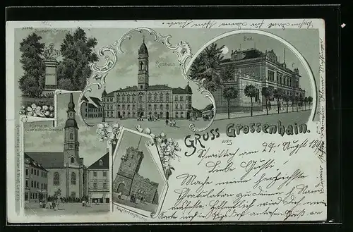 Mondschein-Lithographie Grossenhain, Rathaus, Post, Kupferbergturm