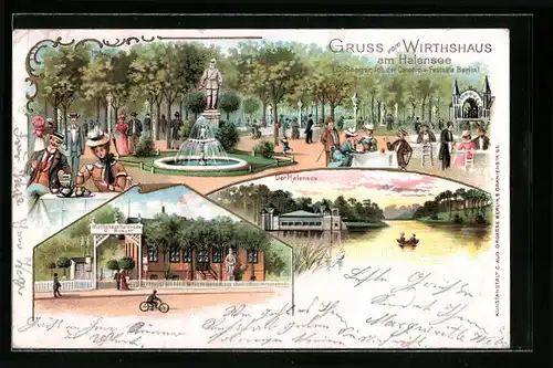 Lithographie Halensee, Wirtshaus am Haalensee von C. Saeger Inh. der Concordia-Festsäle Berlin, Garten mit Brunnen