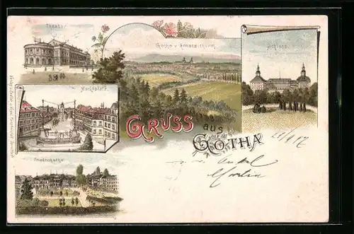 Lithographie Gotha, Schloss, Theater, Marktplatz