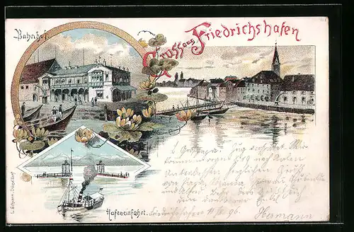 Lithographie Friedrichshafen, Bahnhhof, Hafeneinfahrt, Uferpartie