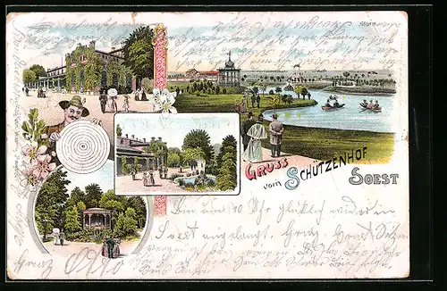 Lithographie Soest, Gasthaus Schützenhof, Garten, Pavillon