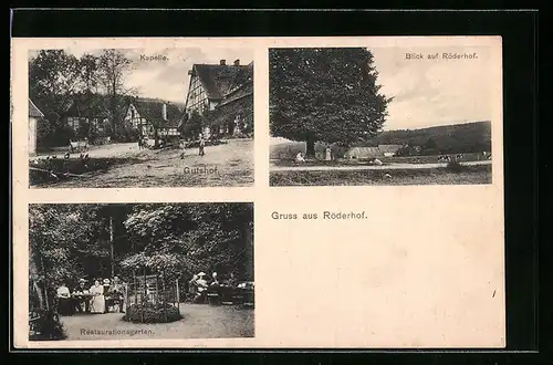 AK Röderhof, Kapelle und Restaurant Gutshof, Restaurantsgarten, Blick auf den Ort