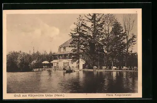 AK Uetze /Hann., Gasthaus Kötjemühle mit Boot