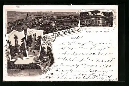 Lithographie Freienwalde a. O., Totalansicht, Kriegerdenkmal, Kurhaus