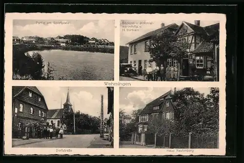 AK Wehmingen, Hotel Haus Rautenberg, Partie am Sportplatz, Bäckerei und Kolonialwarenhdlg. H. Bertram
