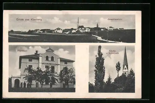 AK Kienberg, Totalansicht, Pfarrhaus, Kirche und Schulpark