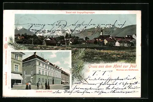 AK Murnau am Staffelsee, Totalansicht mit Zugspitzgruppe, Hotel zur Post