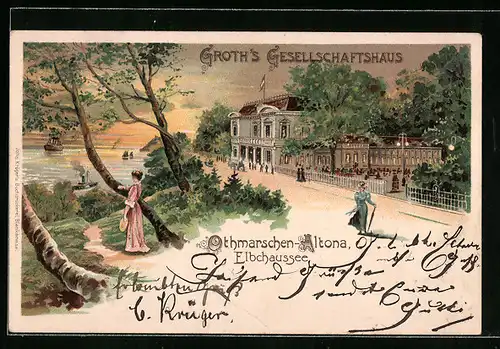 Lithographie Hamburg-Othmarschen, Restaurant Groths Gesellschaftshaus, Elbchaussee, Abendstimmung