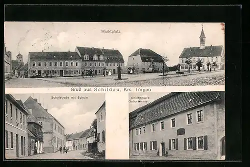 AK Schildau, Marktplatz, Schulstrasse mit Schule, Gneisenau`s Geburtshaus