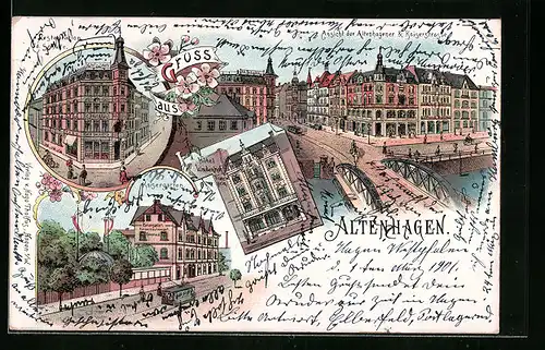 Lithographie Altenhagen, Restaurant Ed. Schulte, Ansicht der Altenhagener & Kaiserstrasse, Kaisergarten