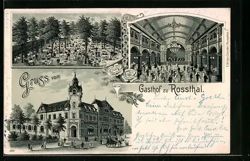 Lithographie Rossthal, Gasthaus zu Rossthal, Innen- und Aussenansicht