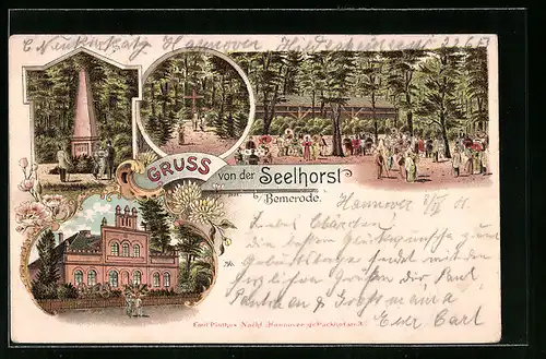 Lithographie Seelhorst /Bemerode, Gaststätte Seelhorst und Denkmal