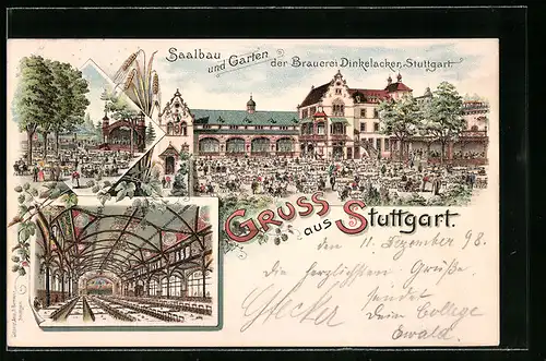 Lithographie Stuttgart, Saalbau und Garten der Brauerei Dinkelacker Stuttgart