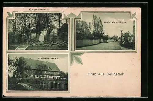 AK Seeligstadt, Schülerinnen-Heim, Dorfstrasse mit Kirche, Kriegerdenkmal