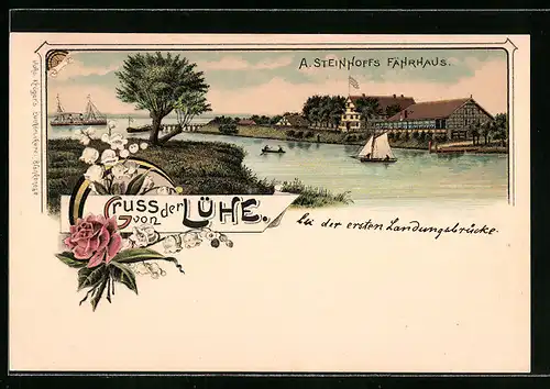 Lithographie Lühe, A. Steinhoffs Fährhaus