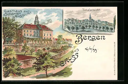 Lithographie Frankfurt-Bergen, Gasthaus zur Schönen Aussicht, Totalansicht