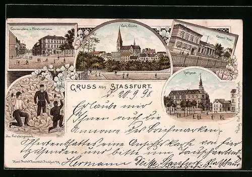 Lithographie Stassfurt, Louisenplatz und Fürstenstrasse, Kath. Kirche, Rathaus, Kaiserl. Post