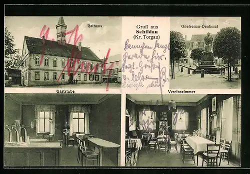 AK Schildau, Rathaus, Gneisenau-Denkmal