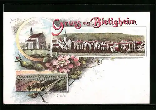 Lithographie Bietigheim, Ortsansicht mit Kath. Kirche und Viadukt