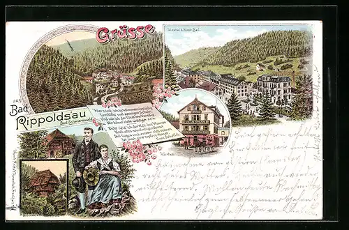 Lithographie Rippoldsau /Bad. Schwarzwald, Mineral & Moor-Bad, Bauernhaus, Teilansicht, Paar in Tracht