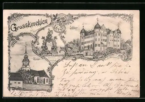 Lithographie Grosskmehlen, Schloss und Kirche