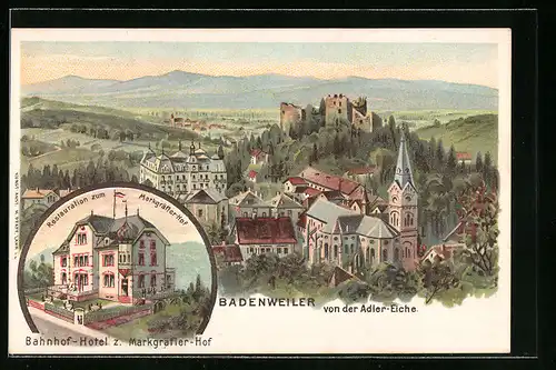 Lithographie Badenweiler, Ortsansicht von der Adler-Eiche und Bahnhof-Hotel z. Markgräfler-Hof