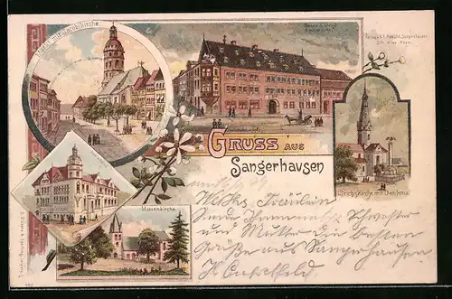 Lithographie Sangerhausen, Markt mit Jacobikirche, Marienkirche, Neues Schloss