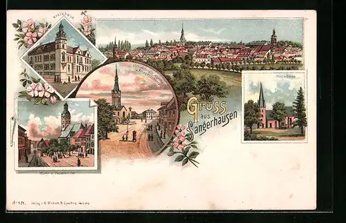 Lithographie Sangerhausen, Kreishaus, Ulrichsplatz mit Kirche und Kriegerdenkmal, Markt und Jacobikirche