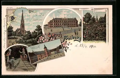 Lithographie Freiberg, Post, Jakobikirche, Rathaus mit Obermarkt